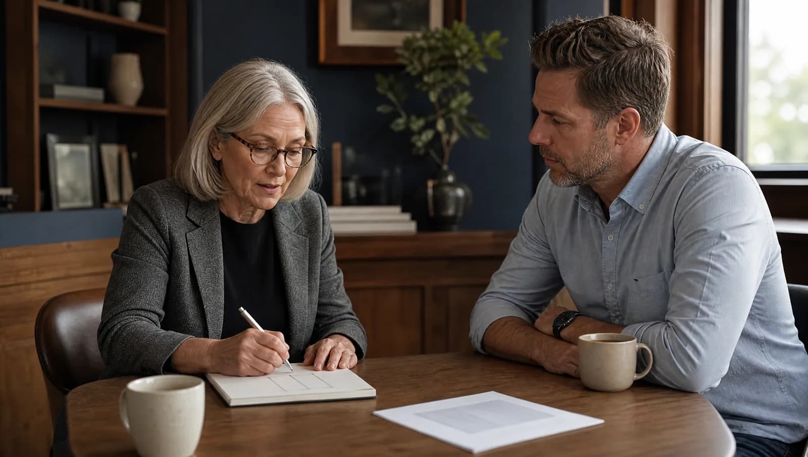 An advisor sketching three columns on a notepad across a small table from a business owner — leadership coaching styles