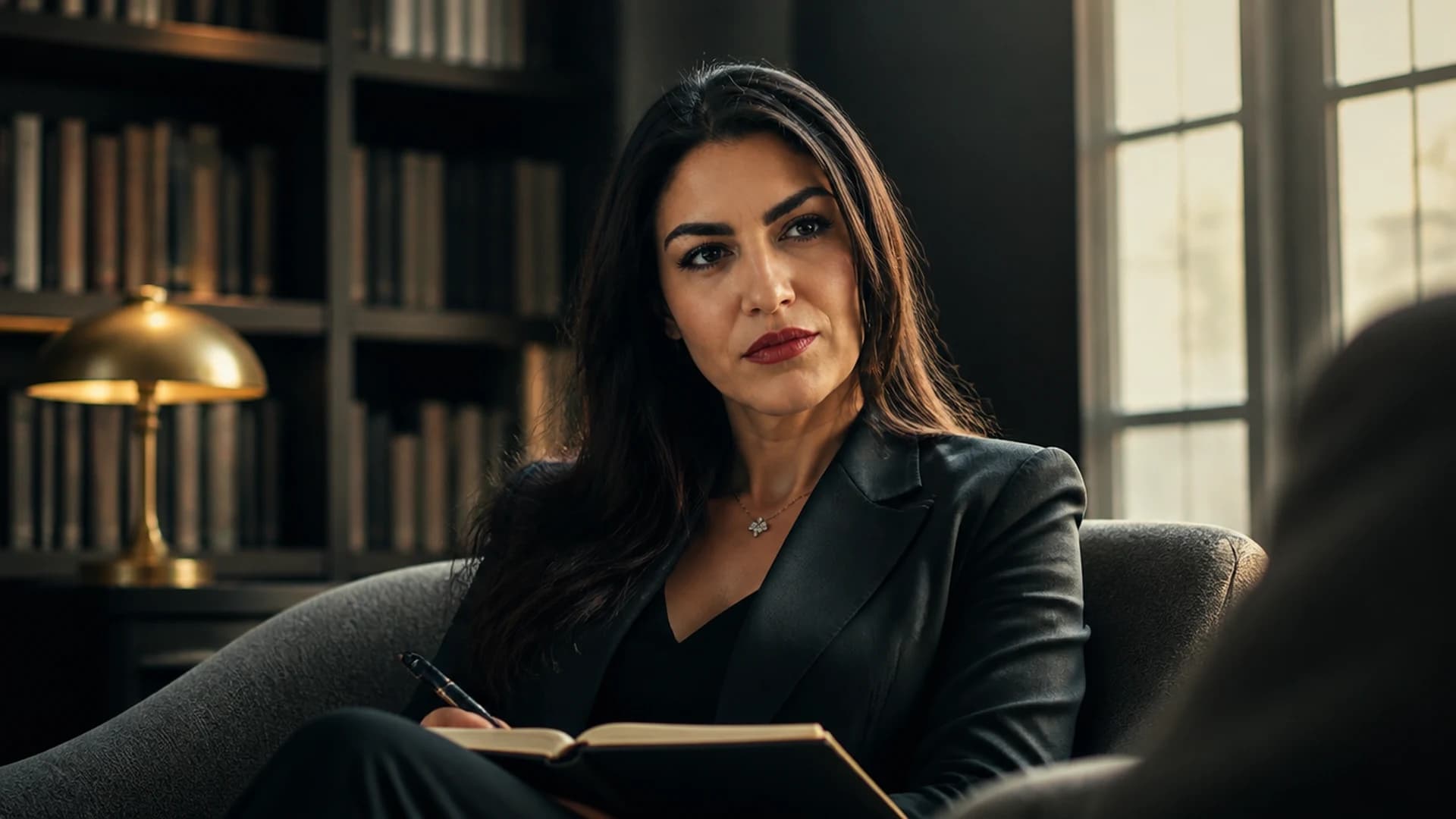 Olga Newman, the executive coach behind Executive Coaching Advisory in Canada, listening intently in a quiet library-style meeting room, pen resting on an open notebook