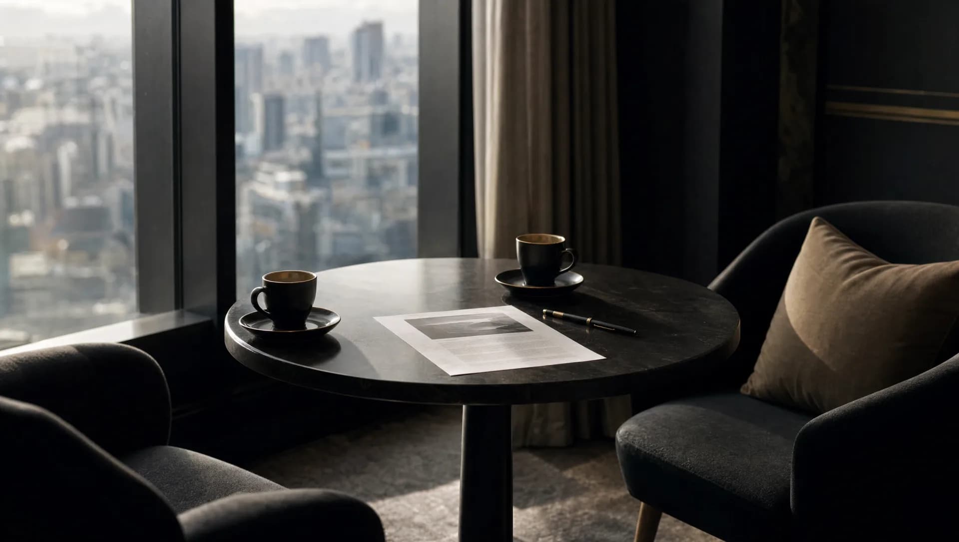 A small round table by a tall window in a Canadian advisory office, two espresso cups and a one-page document, one chair pulled out in invitation