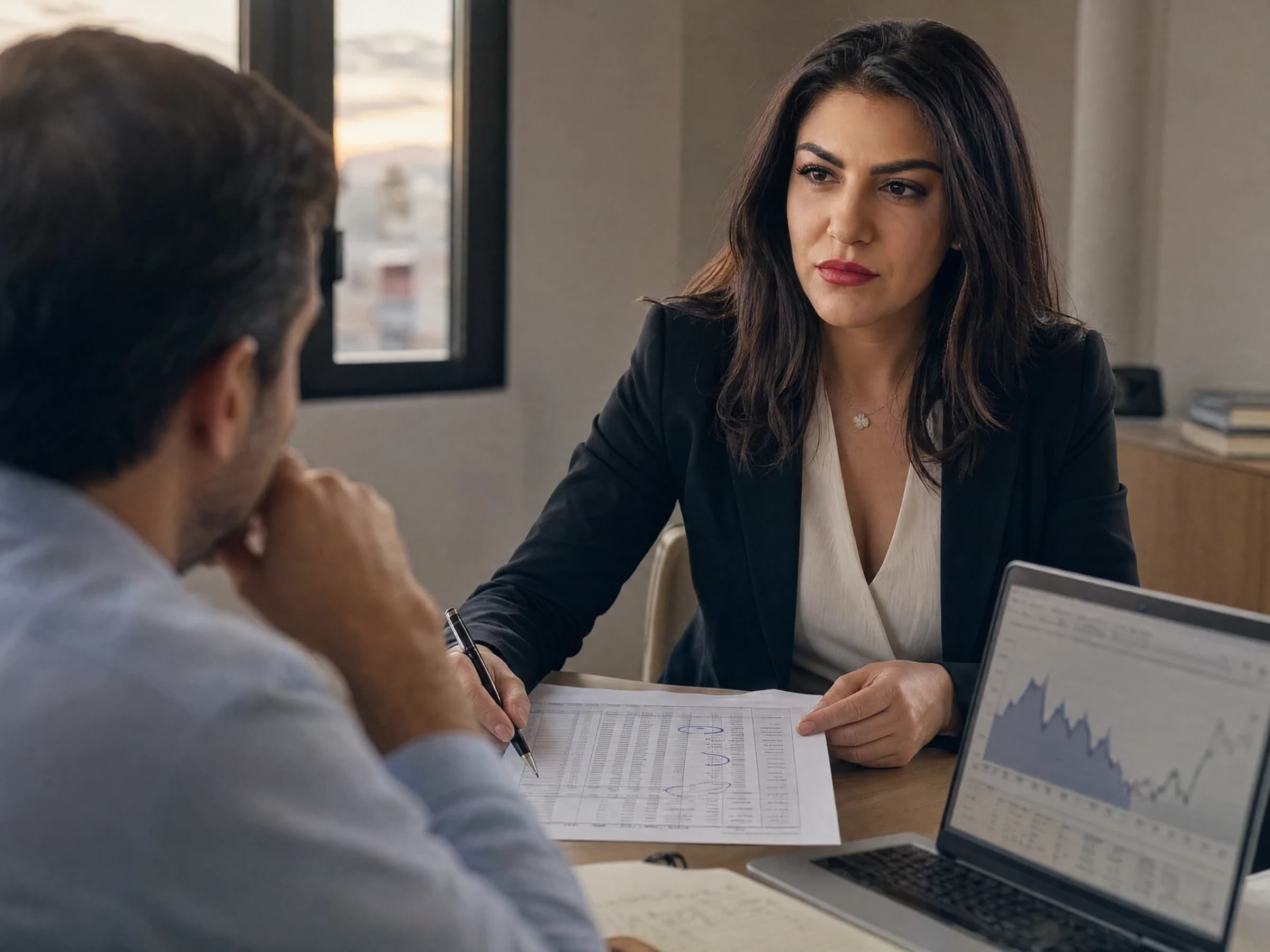 CFO coaching — a CFO and adviser at a desk with a printed variance report and a forecast on a laptop, Canada