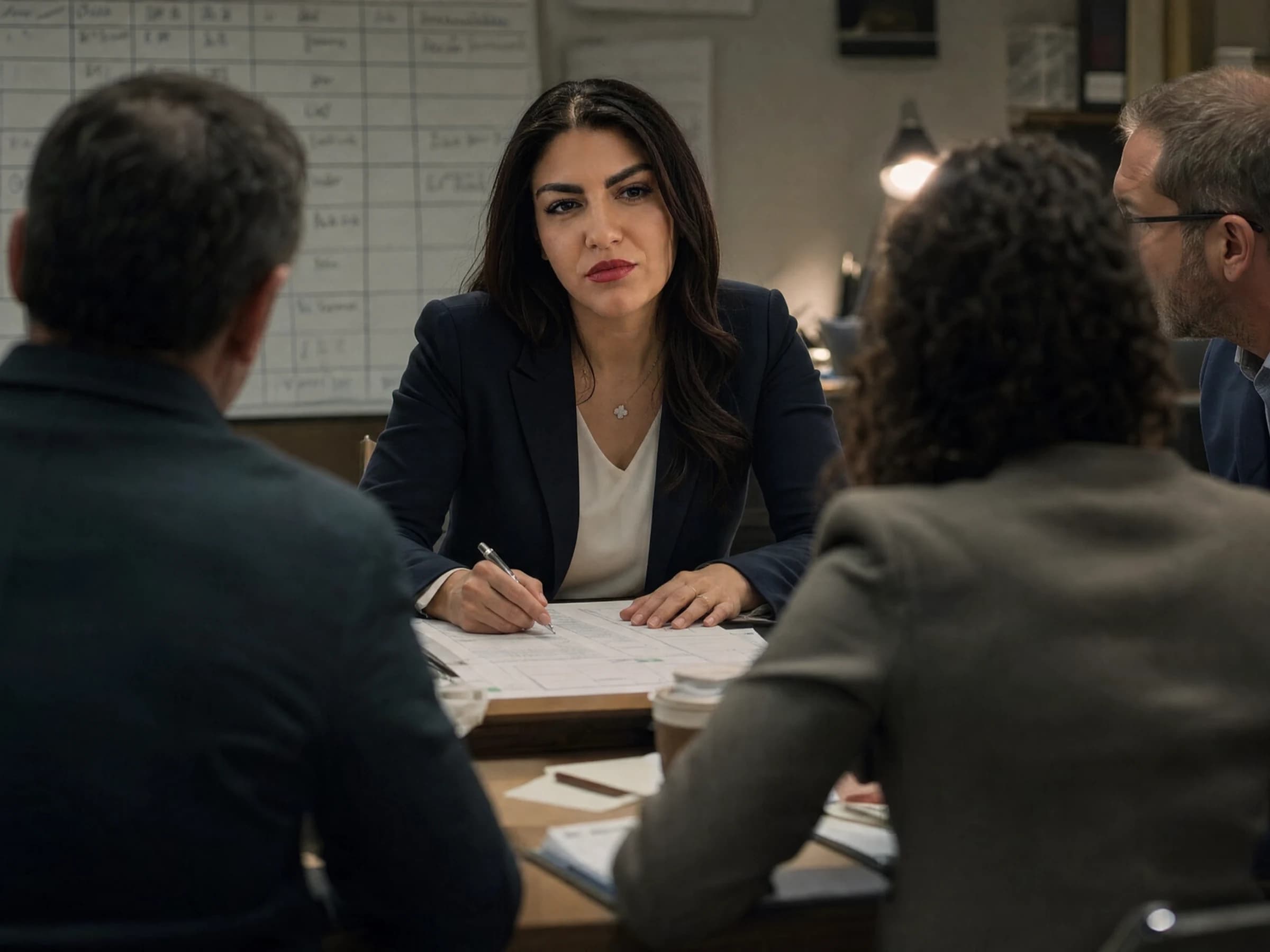 Education leadership — a school district team working through a planning document after hours, Canada