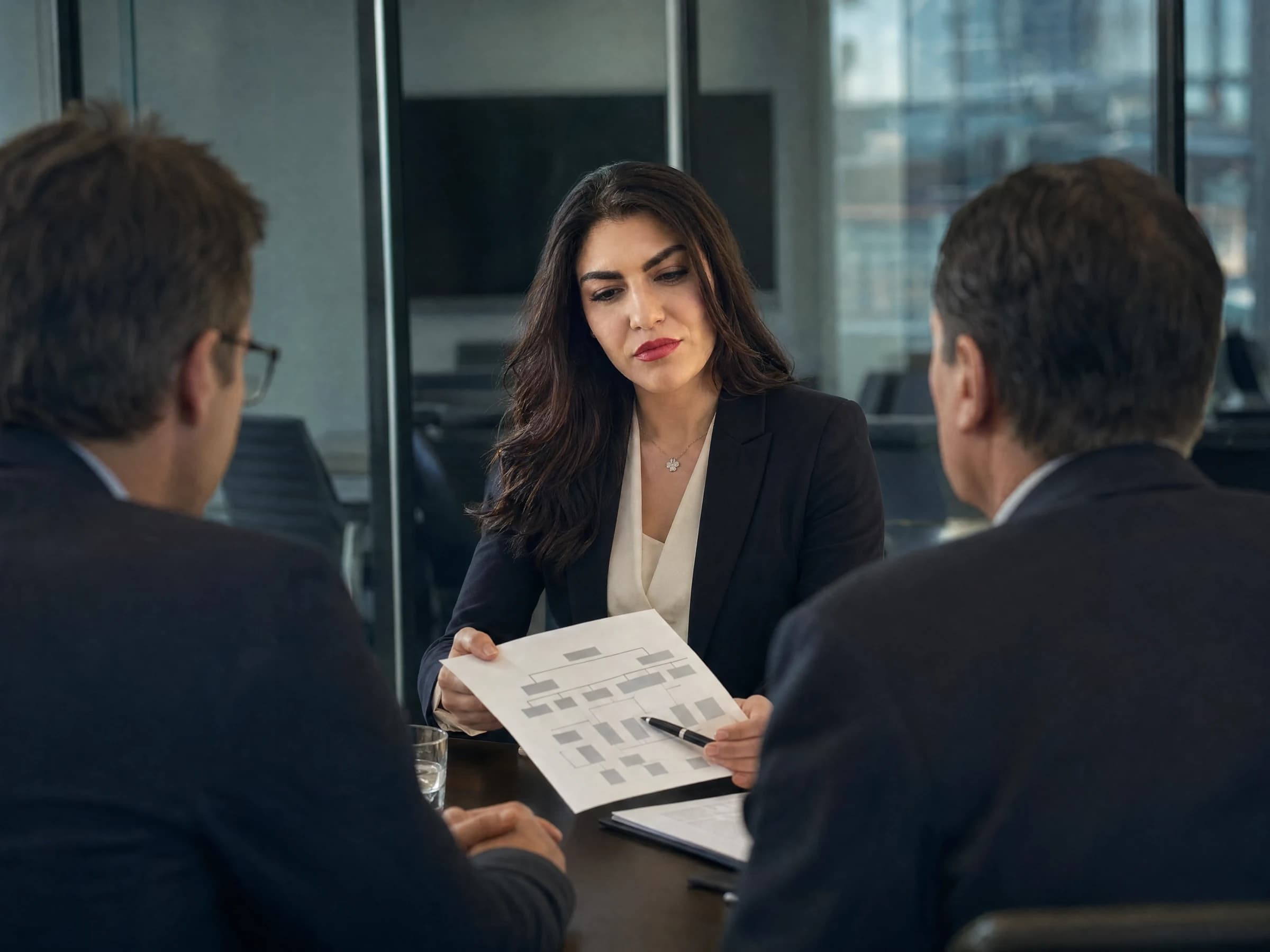 Financial services leadership — two principals and an adviser over an org chart in a glass-walled meeting room, Canada
