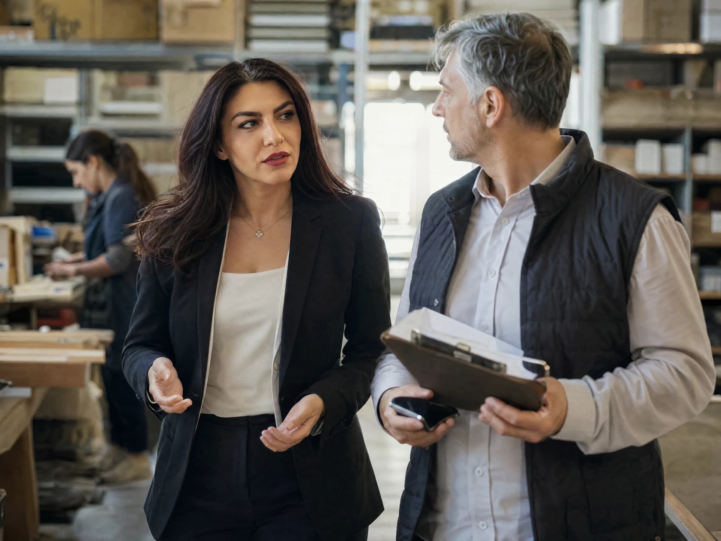 Entrepreneur coaching — a business owner walking a warehouse floor with an adviser, clipboard in hand, Canada