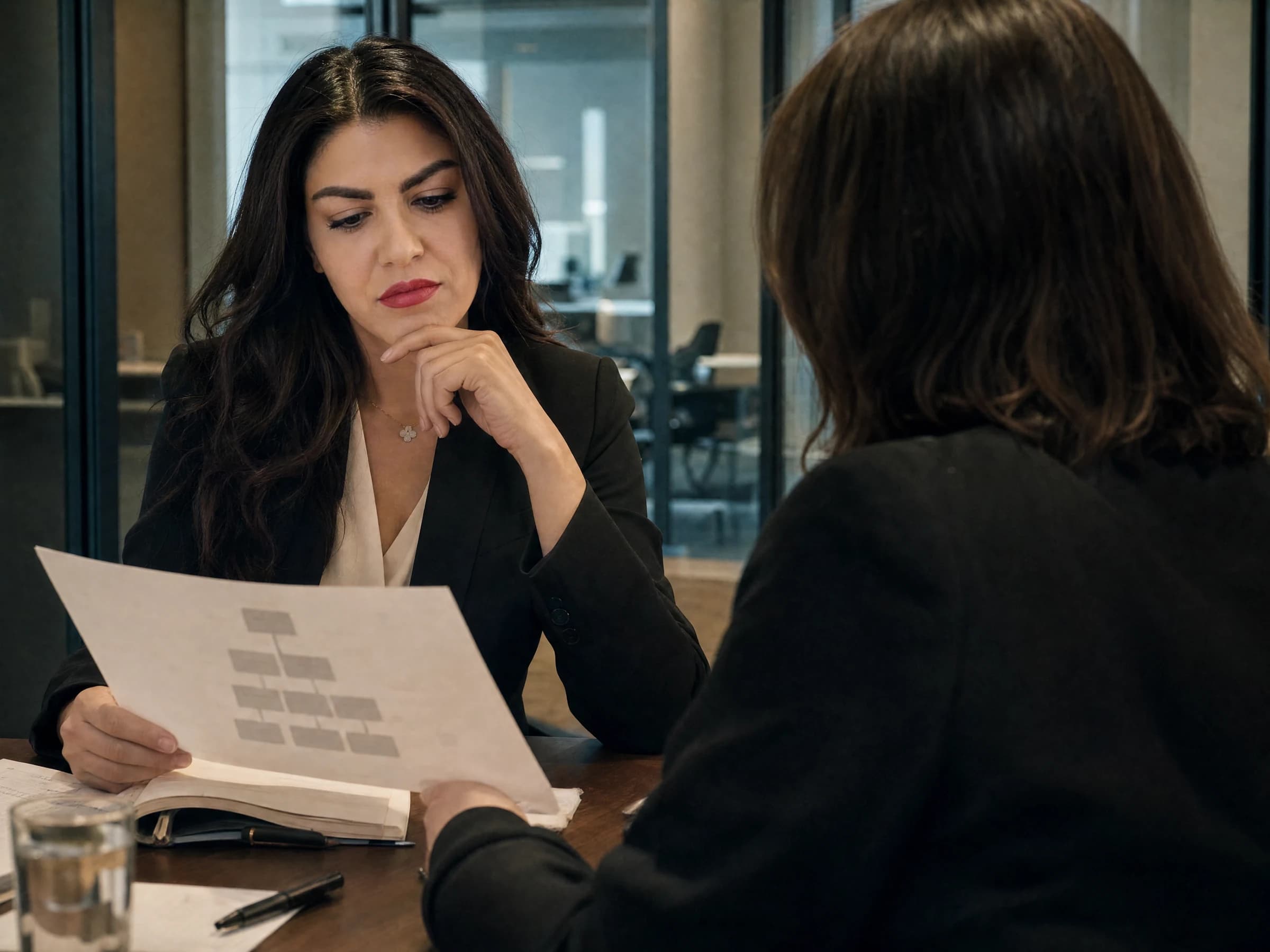 HR leadership coaching — an HR director and adviser reviewing a paper succession chart in a small meeting room, Canada