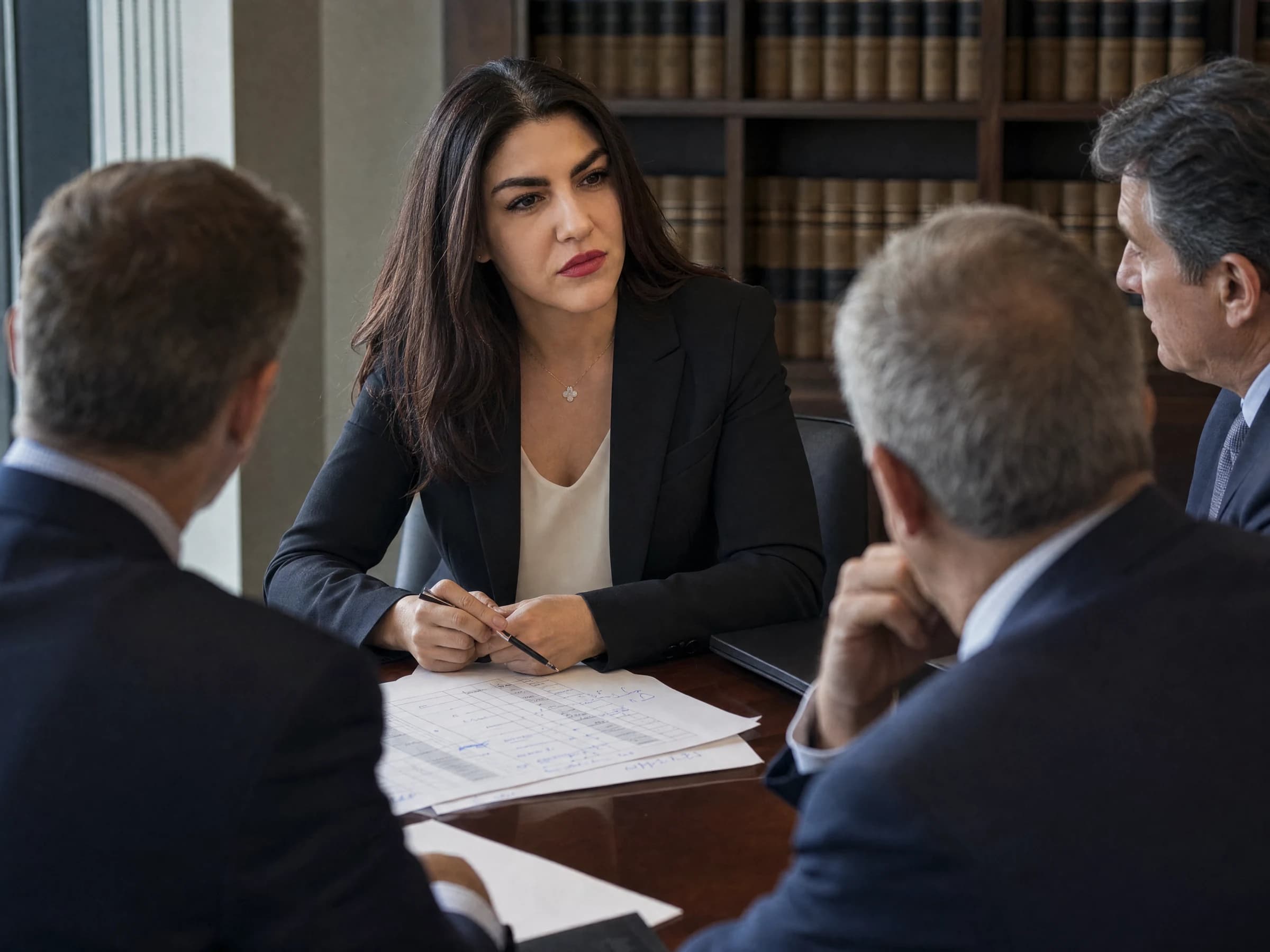 Law firm leadership — three partners and a facilitator over an annotated compensation model in a firm conference room, Canada
