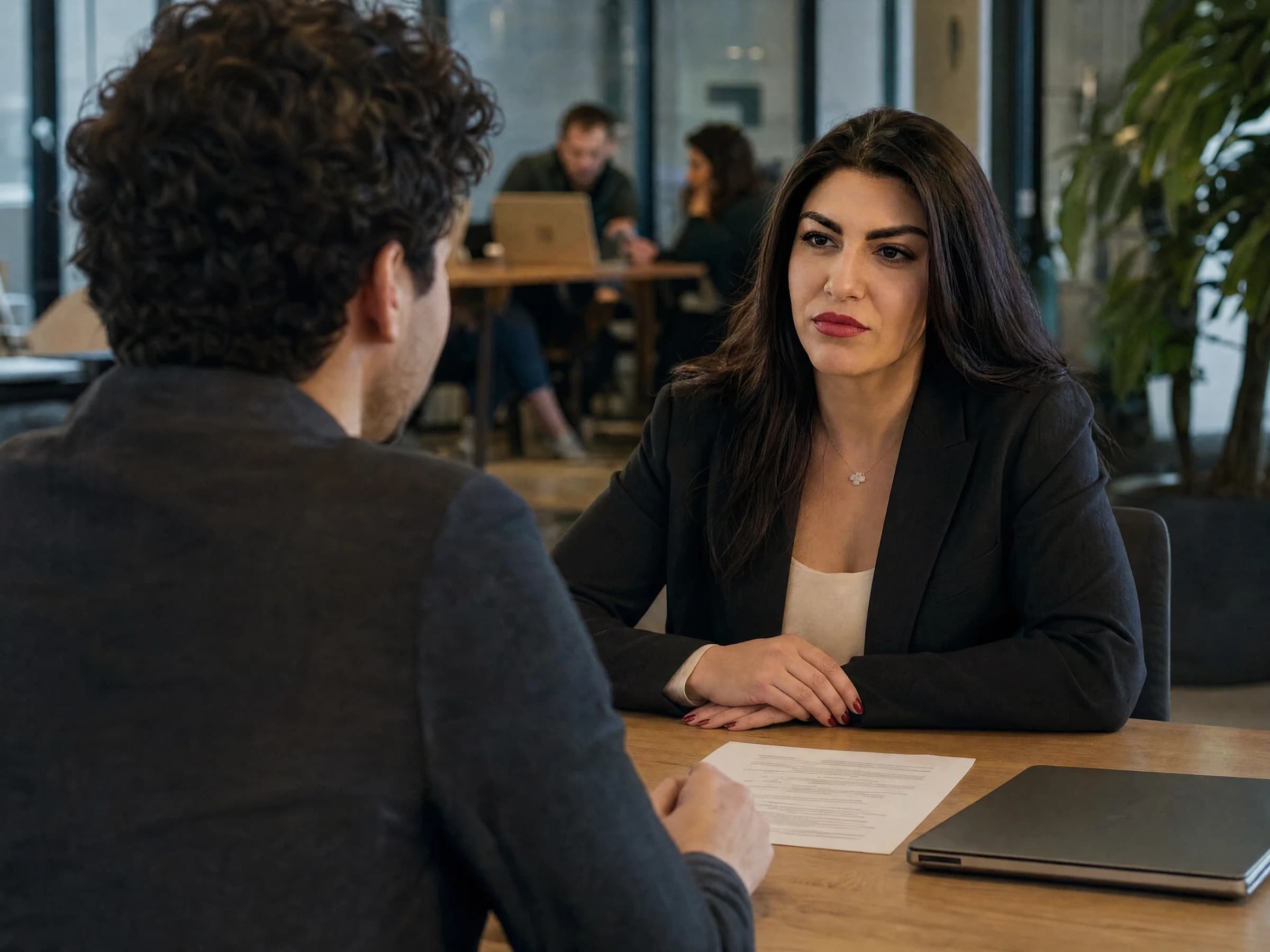 Startup founder coaching — a founder and adviser at a small table with a one-page decision list, team out of focus behind, Canada