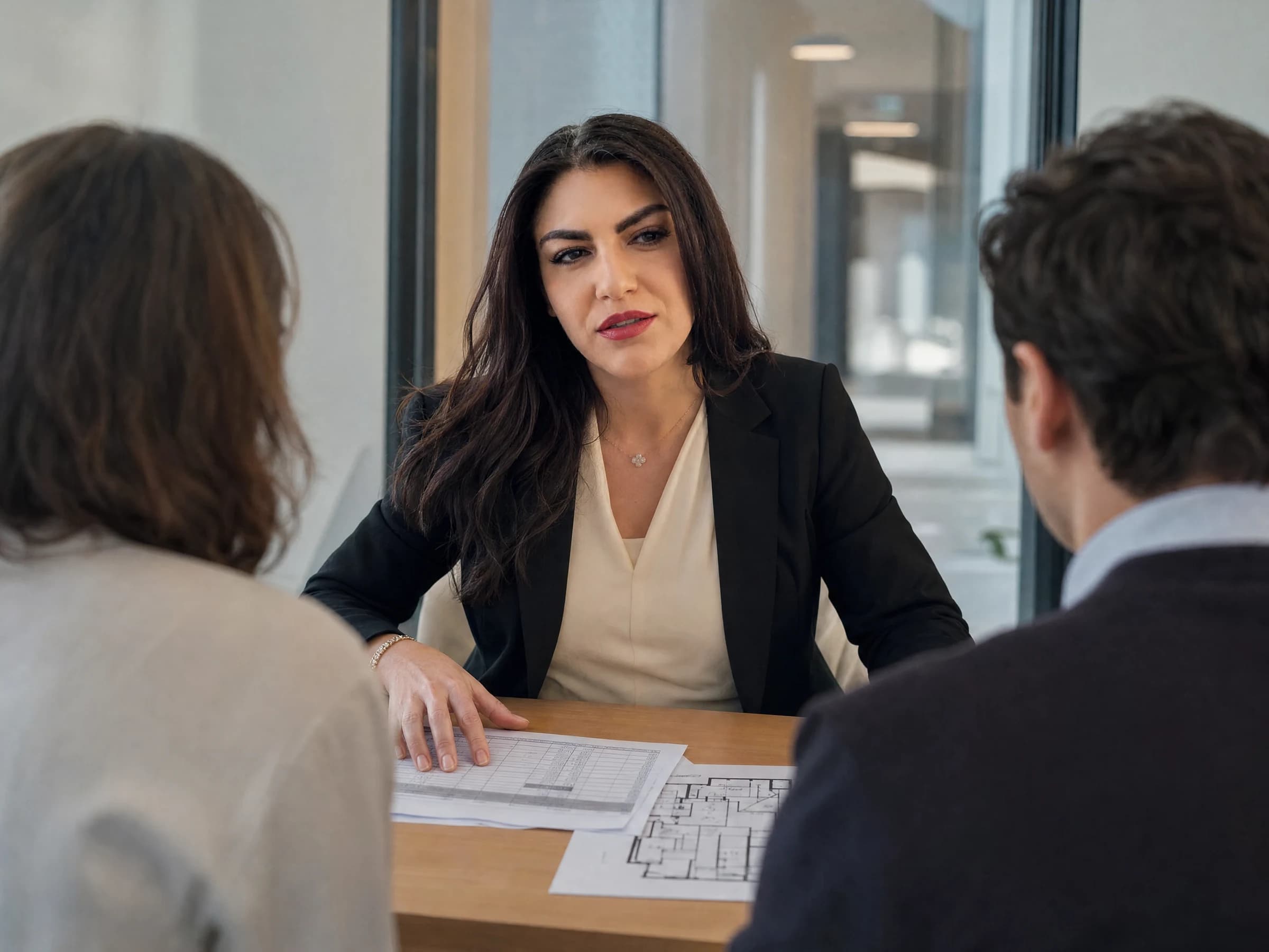Healthcare group leadership — clinic owners and an adviser over a floor plan in a daylit administrative office, Canada