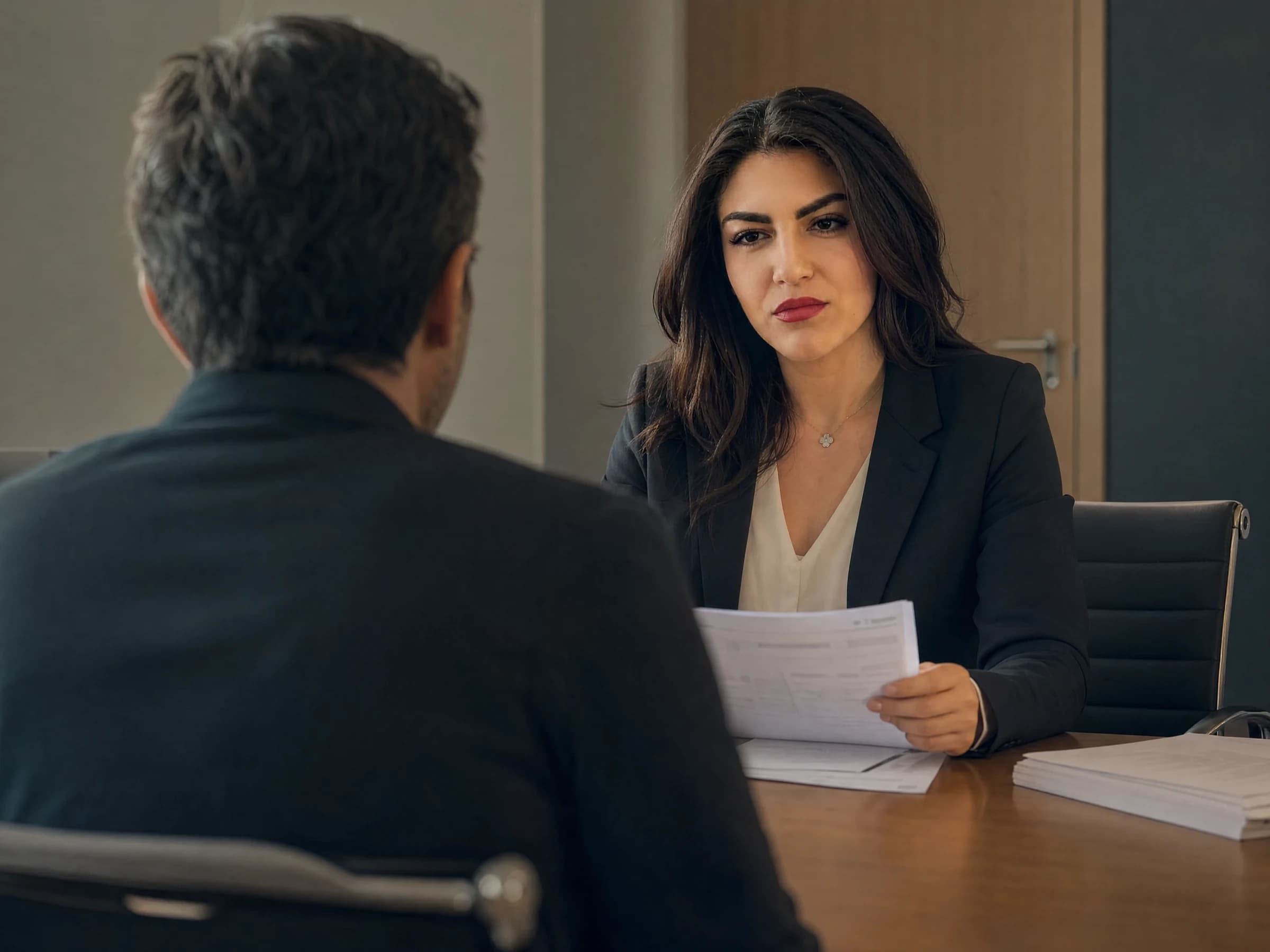 Private-equity-backed leadership — a portfolio-company CEO and adviser over a printed 100-day plan in a boardroom, Canada
