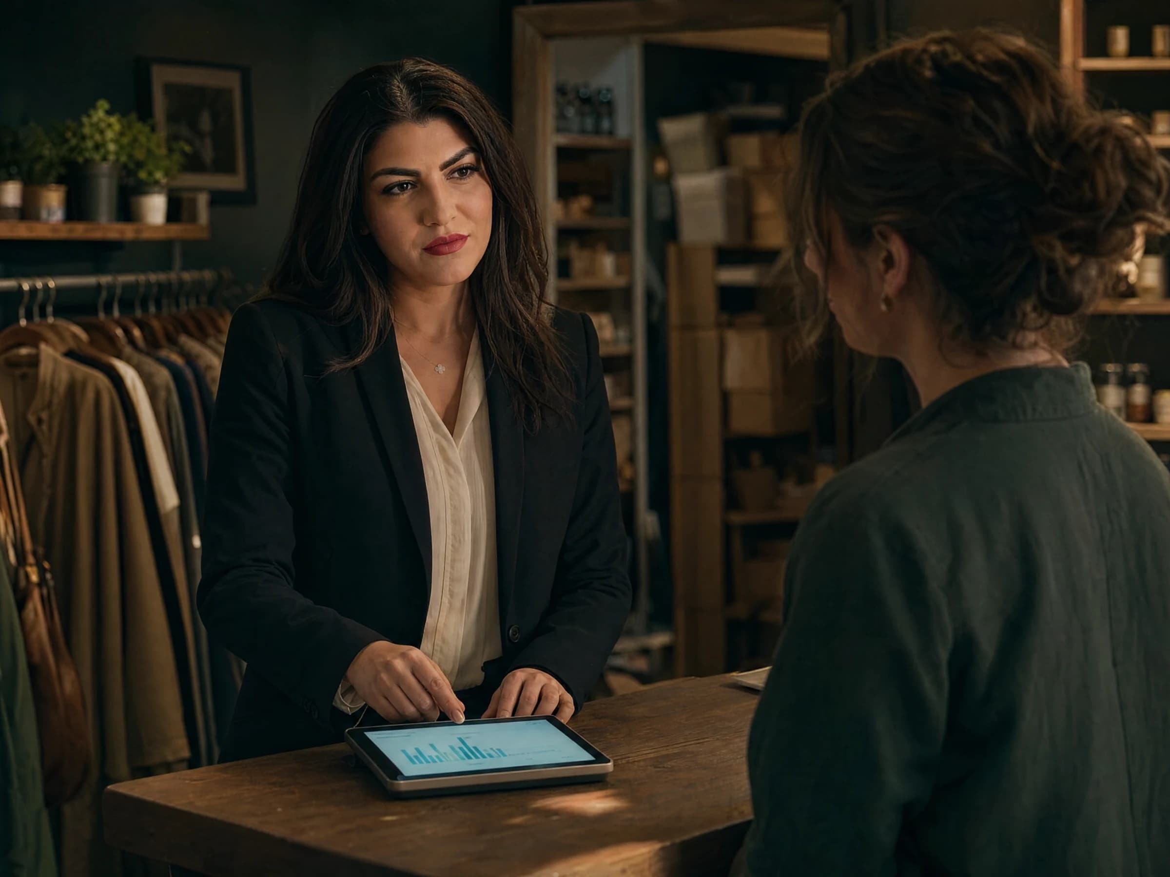 Retail owner consulting — a shop owner and adviser at the back counter after close with a sales report on a tablet, Canada