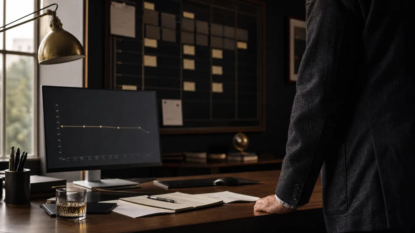 Business growth consulting — a flat revenue line on a monitor with a sales pipeline board behind, Canada