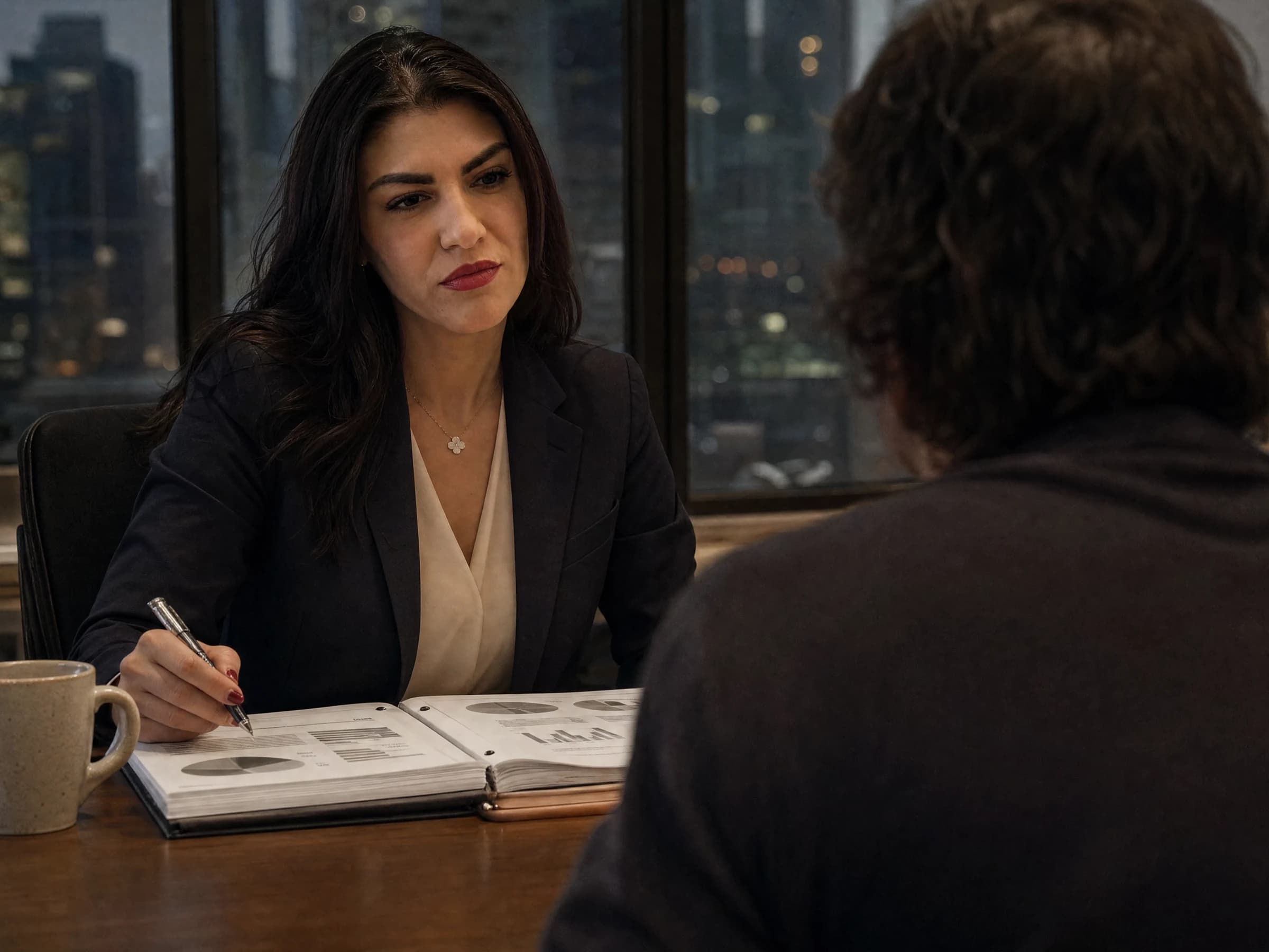 CEO and founder coaching — a founder reviewing a printed board pack alone at a desk after hours, Canada