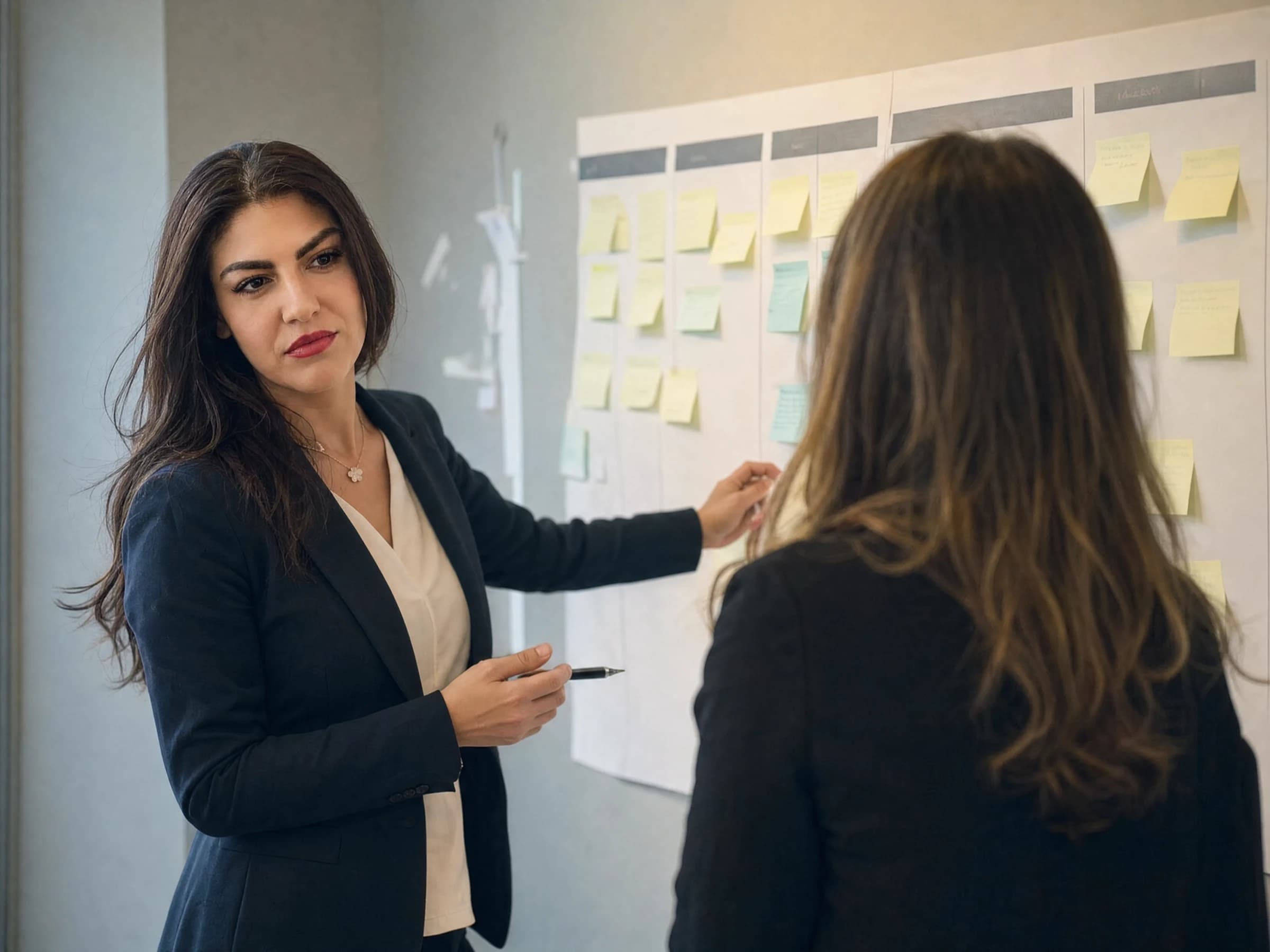 Change management — a dated transition plan on a wall with sticky notes, two people discussing in front of it, Canada