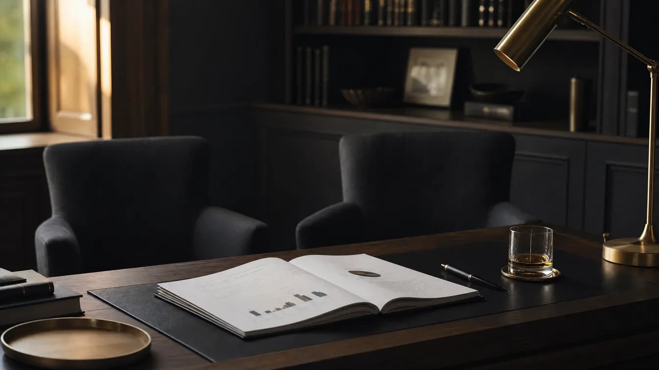 Executive assessment — a written assessment report open on a desk beside two chairs set for a feedback conversation, Canada