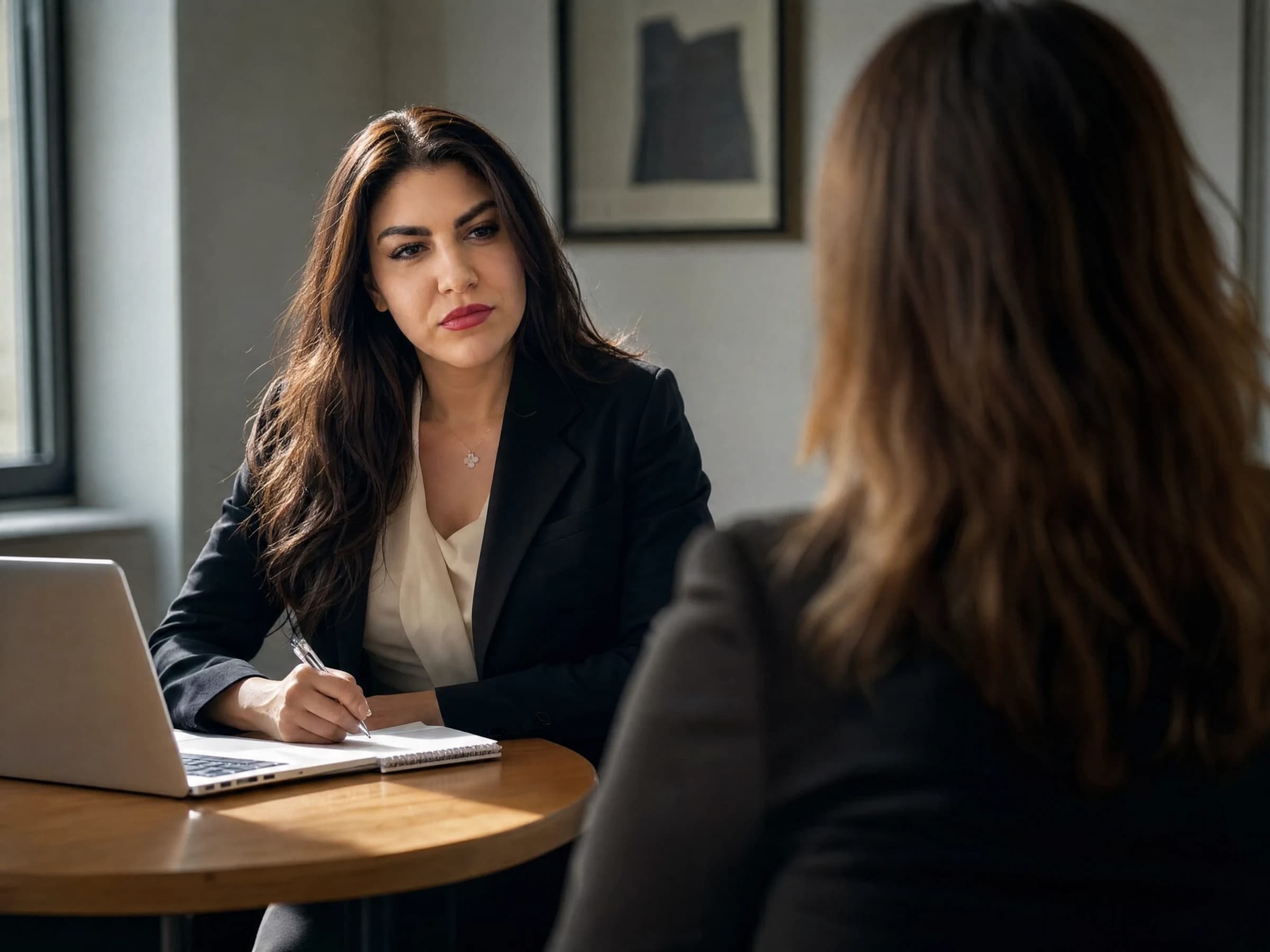 Executive coaching session — two people working through notes at a small office table by a window, Canada
