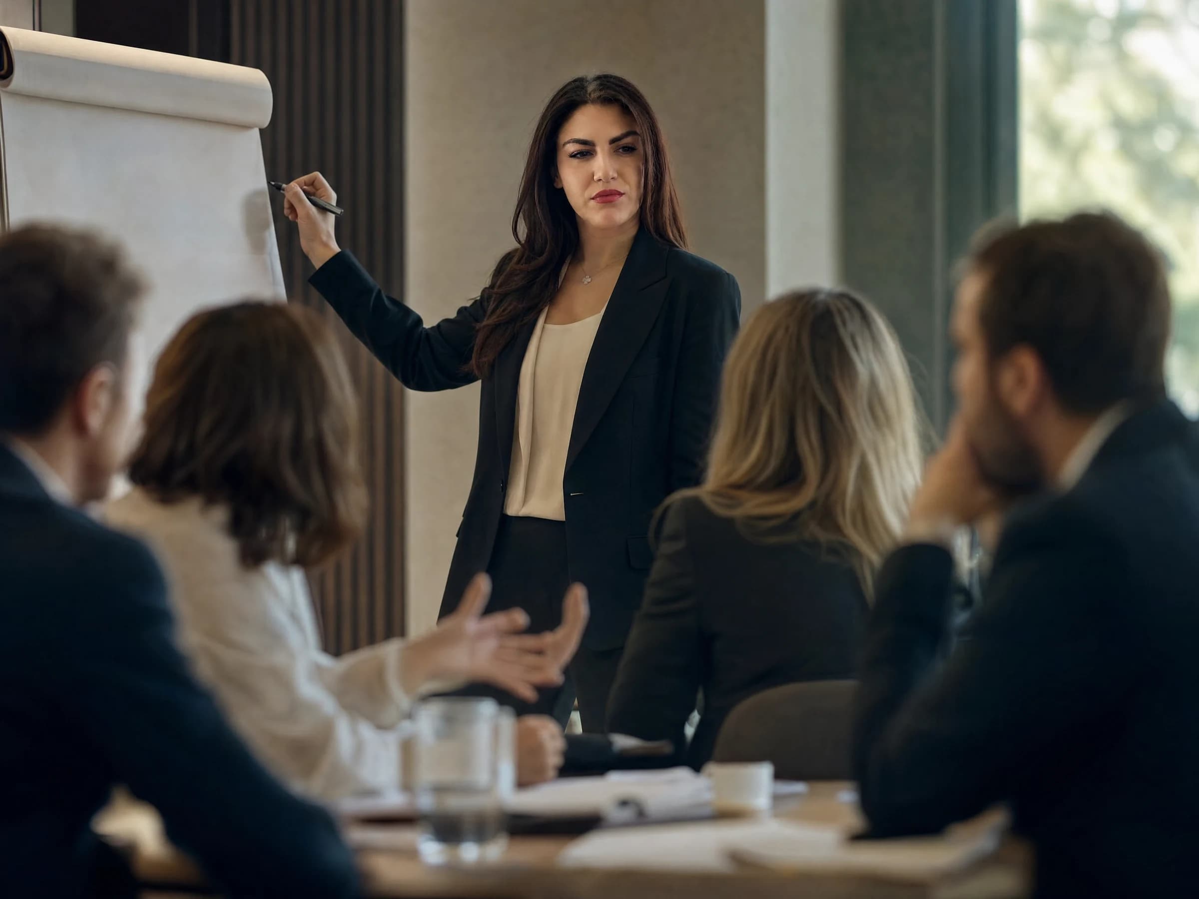 Executive team coaching — five leadership team members around a table working through a disagreement at a flip chart, Canada