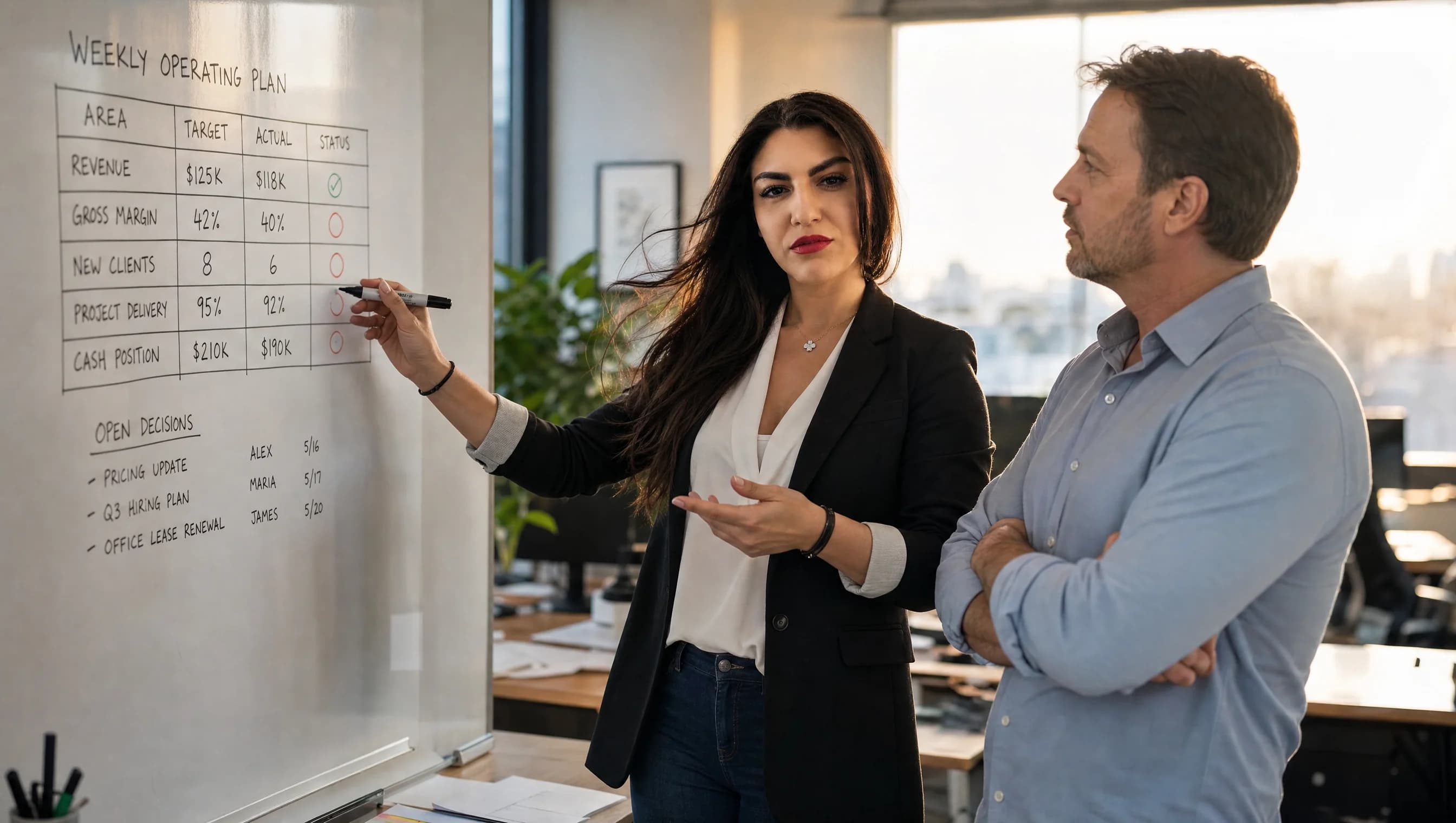 Fractional CEO — Olga Newman at a whiteboard walking a company owner through a weekly operating plan and open decisions, Canada