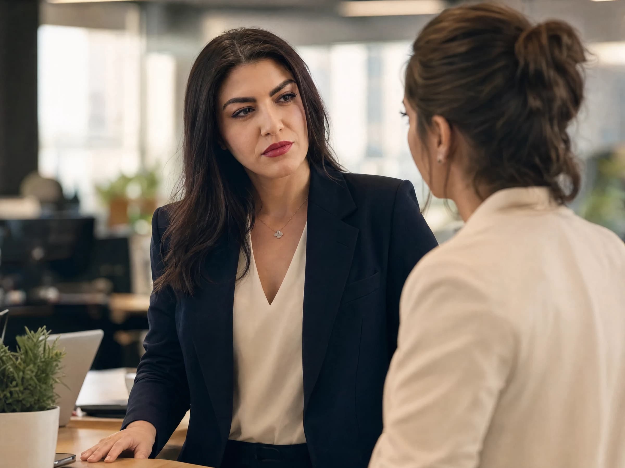 Management coaching — a newly promoted manager in a stand-up conversation with a team member beside a desk, Canada