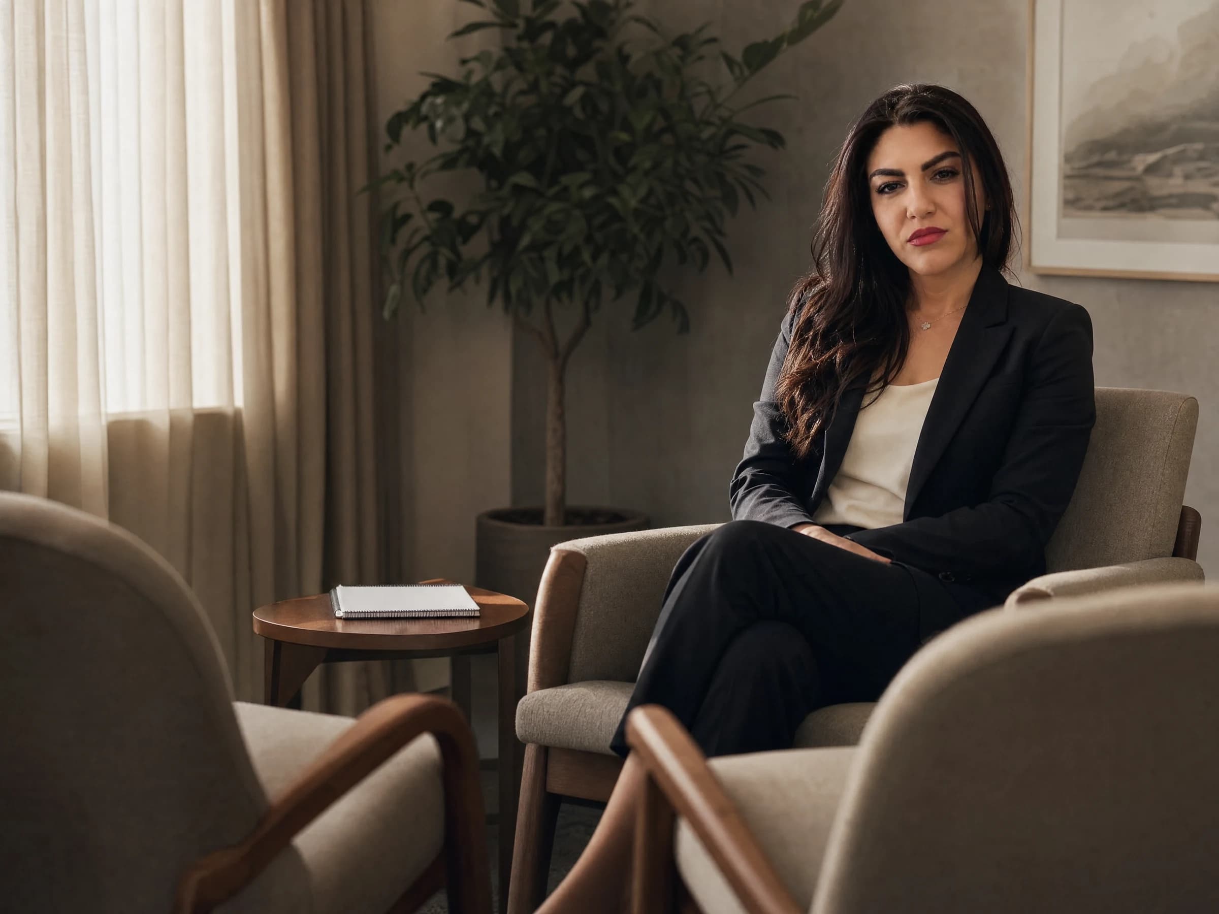 Partner mediation — three chairs arranged in a neutral meeting room with a single notepad on a side table, Canada