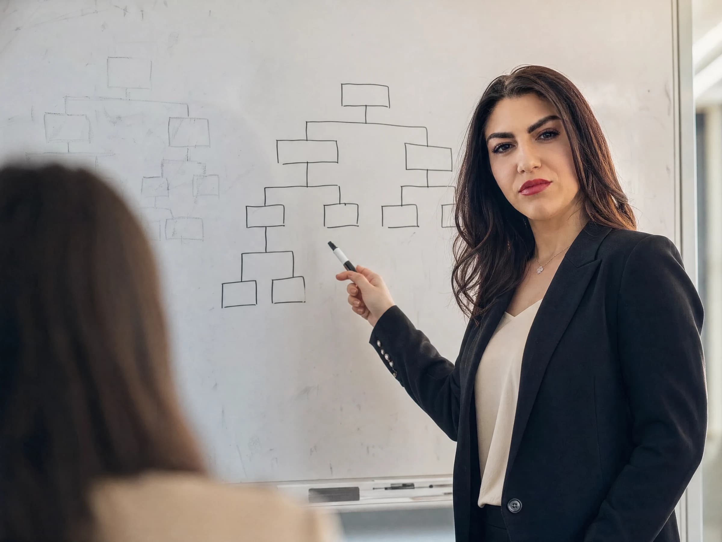 Organizational design — two versions of a reporting structure sketched side by side on a whiteboard, Canada