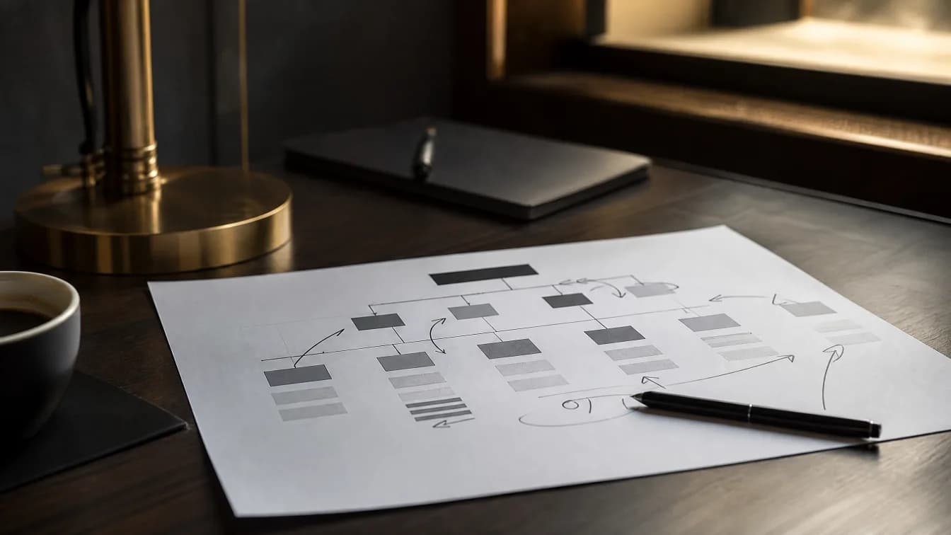 Organizational development — a printed org chart annotated by hand with arrows redrawn in pen, Canada
