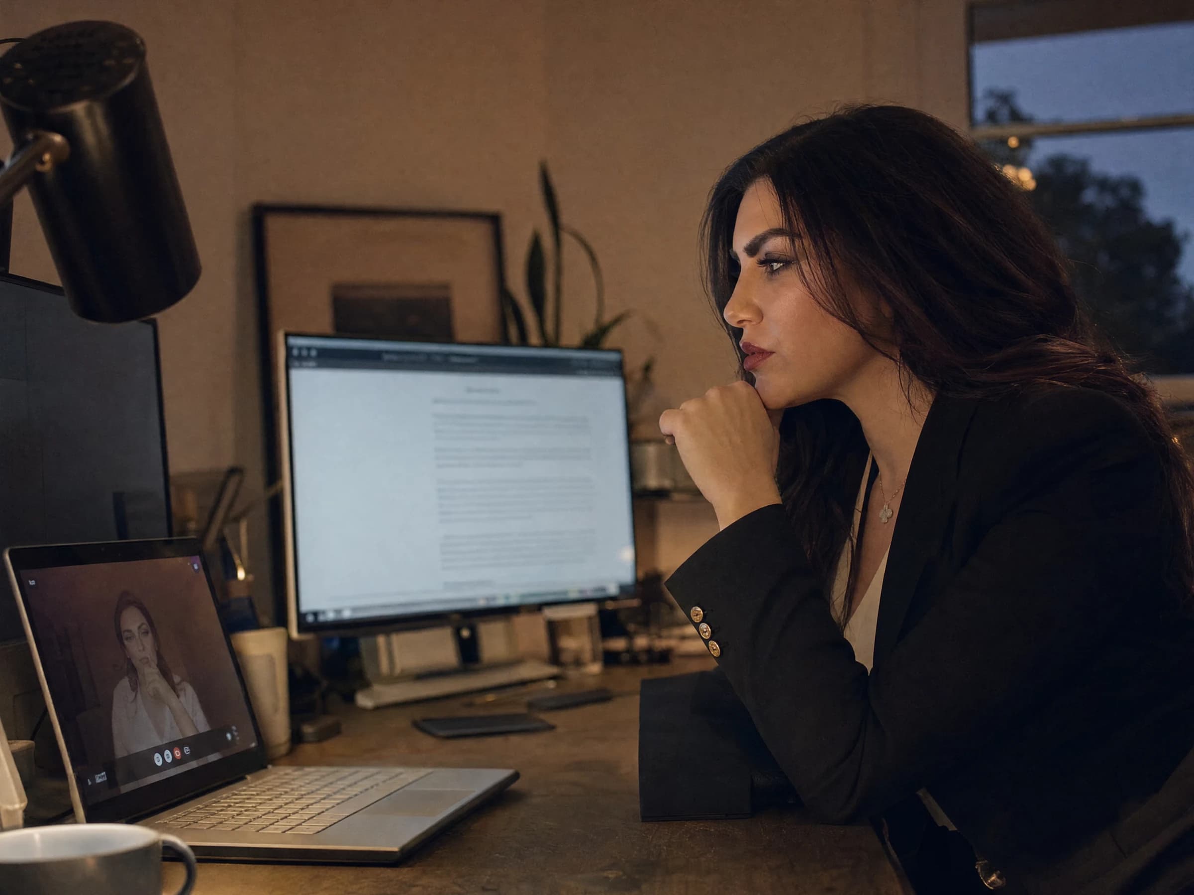 Virtual executive coaching — a founder on a video call in a home office with a document on a second monitor, Canada